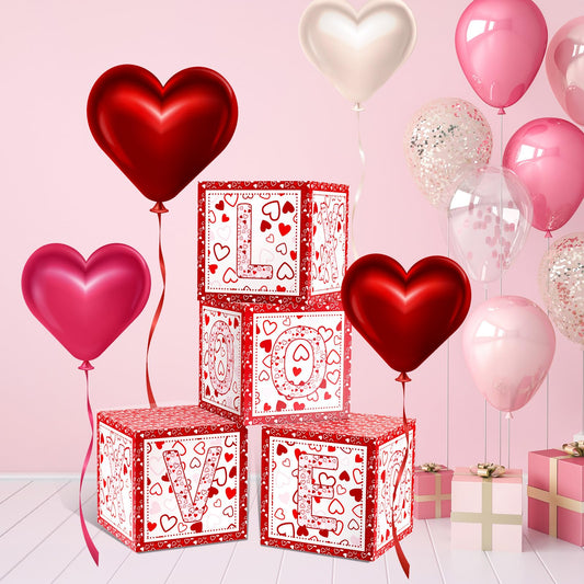 Denylo Pro valentines balloon box 4-pcs with LOVE on pink design, perfect for party decor.