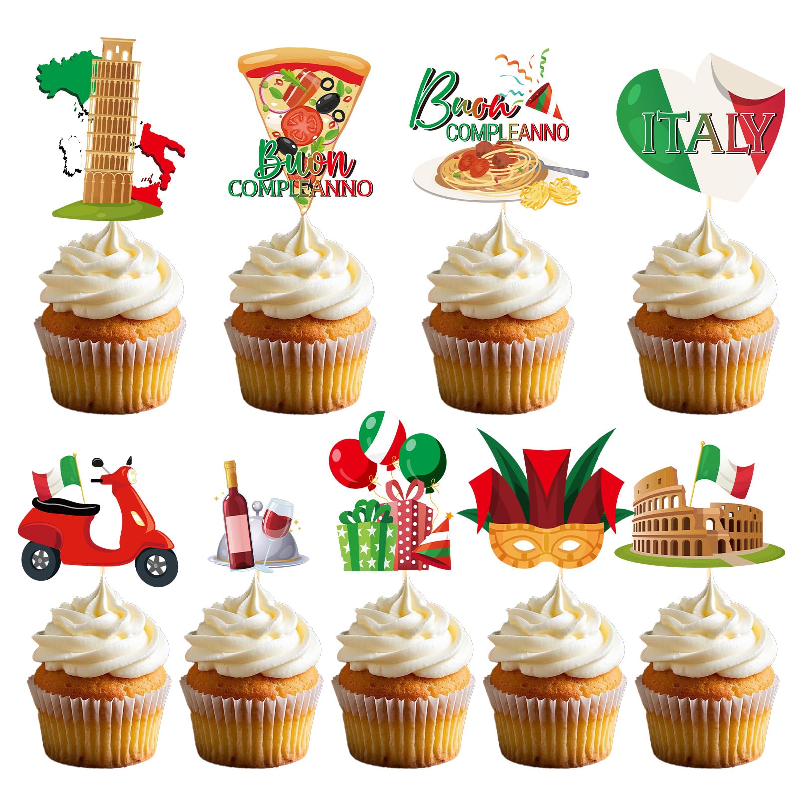 Deorfuy Buon Compleanno cupcake toppers for festive Italian desserts.