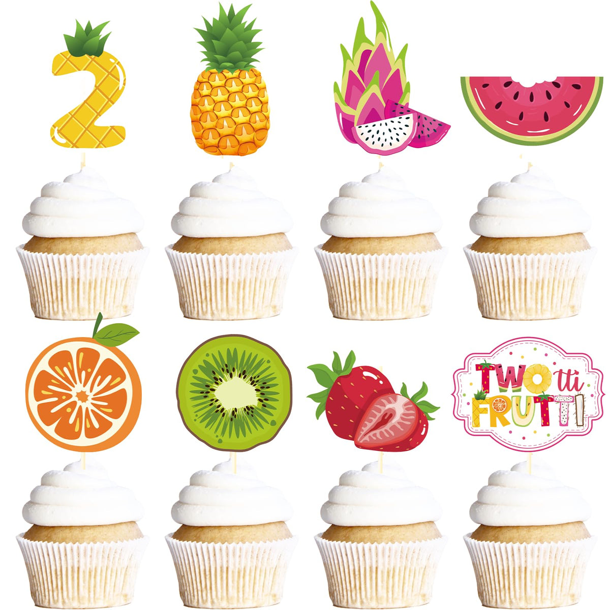 Deorfuy Twotti Fruity cupcake toppers in vibrant colors for festive cupcakes.