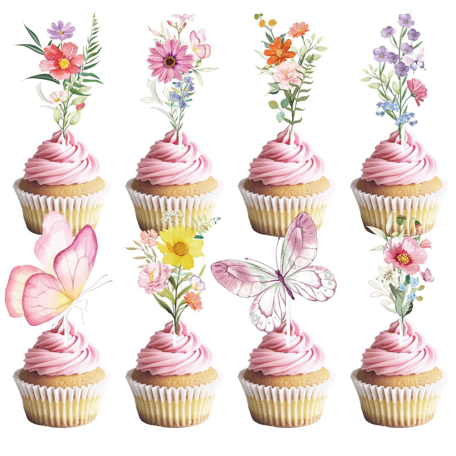 Deorfuy wildflower birthday toppers with butterflies and blossoms brighten cupcakes for celebrations.