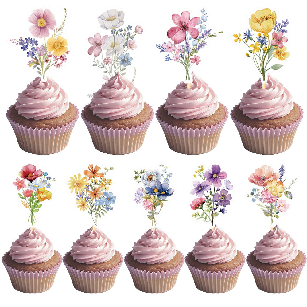 Deorfuy Wildflower cupcake toppers in nine patterns add vibrant color to cupcakes
