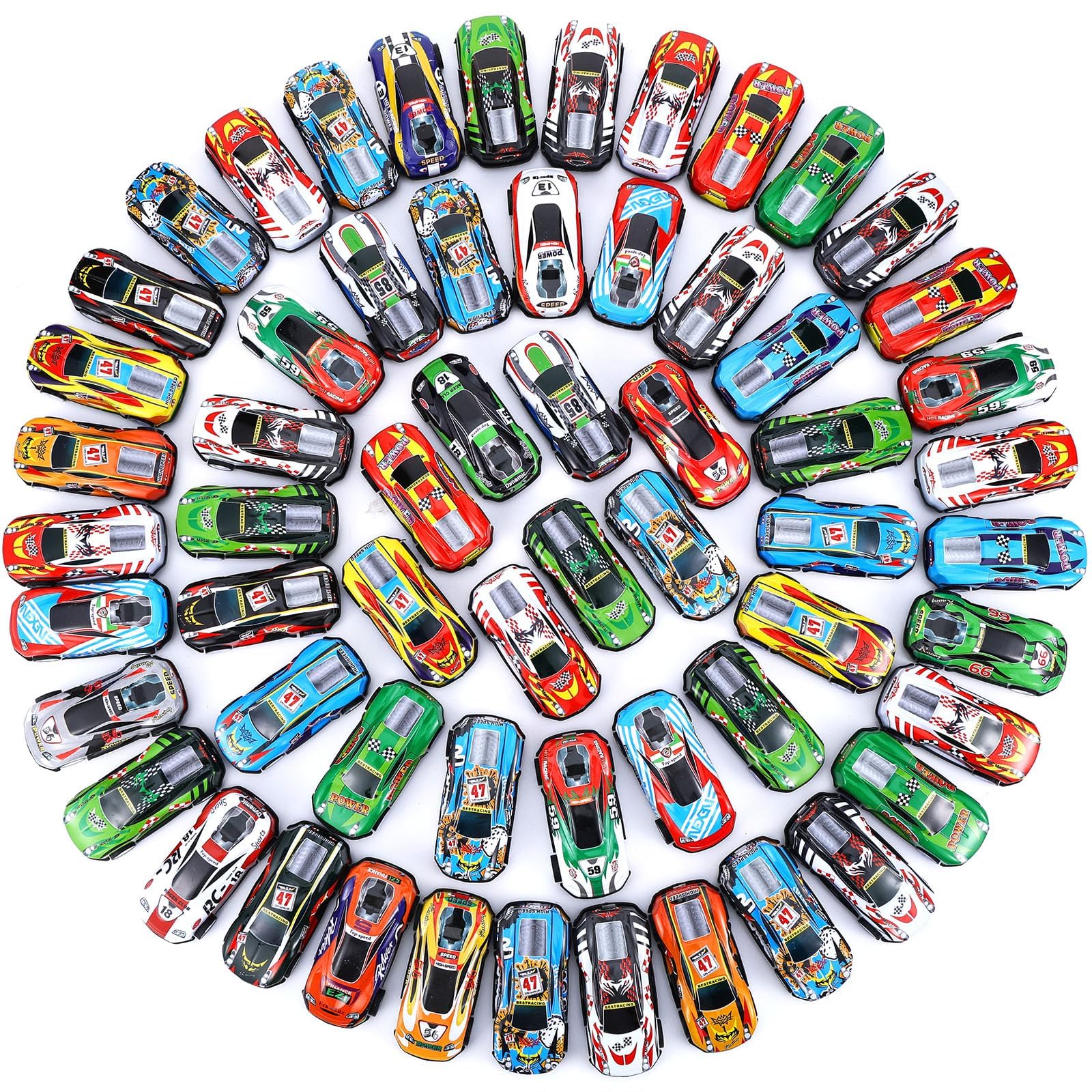 DERTE pull back cars bulk pack, colorful metal race vehicles for playtime and party favors.