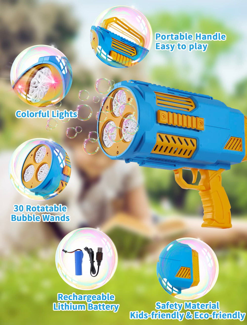 Deserthome bubble machine gun with LED lights enhances evening play.