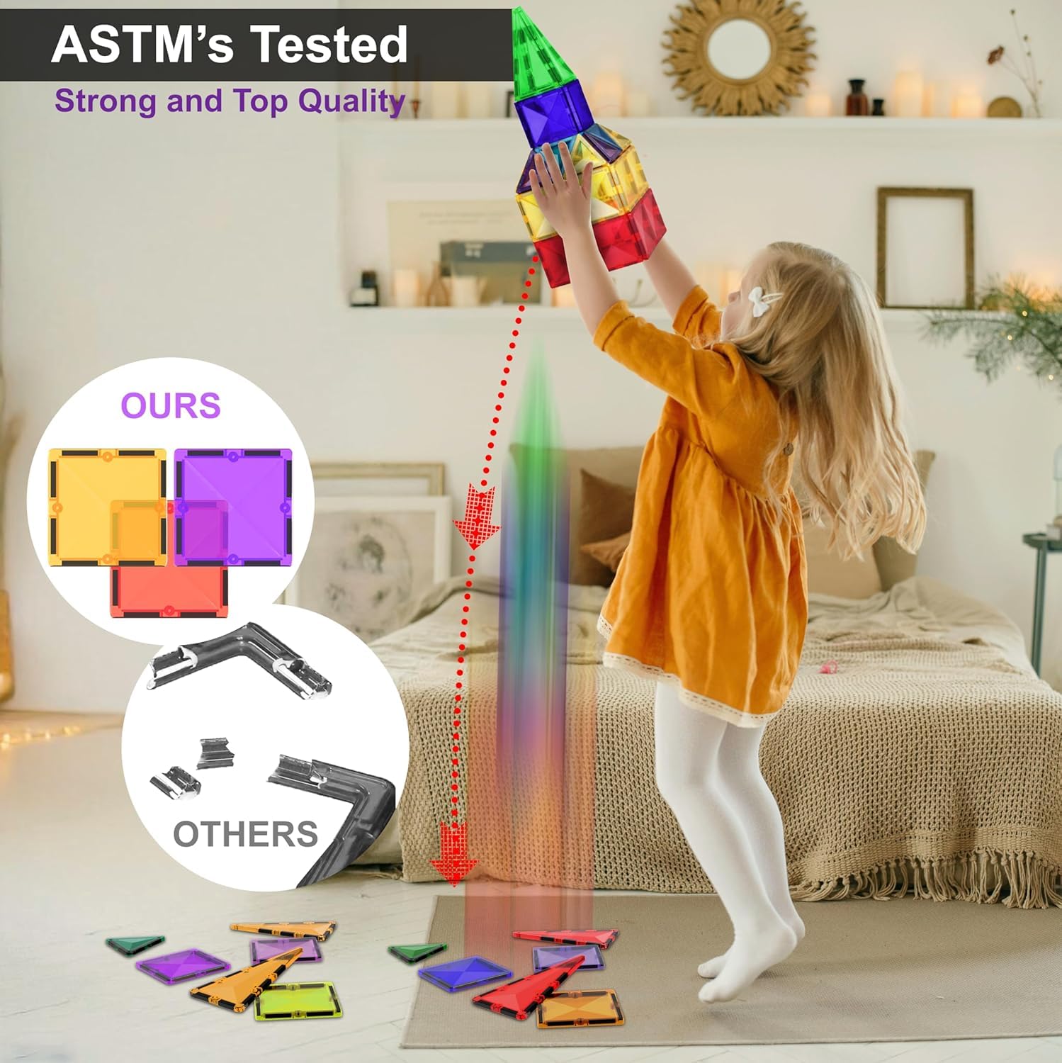 Desire Deluxe magnetic tiles non-toxic ABS with safe edges.