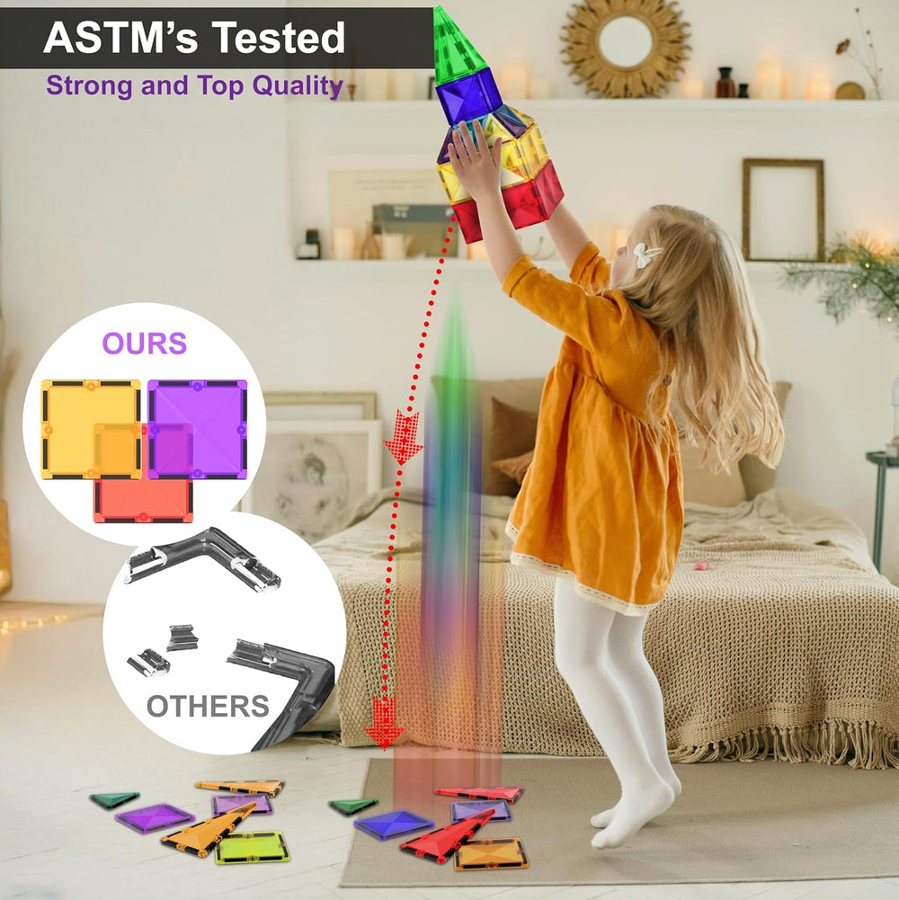 Desire Deluxe magnetic tiles non-toxic ABS with safe edges.