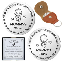 DESKINATOR decision coin with sweet card for new parents—fun, first-time gift idea.