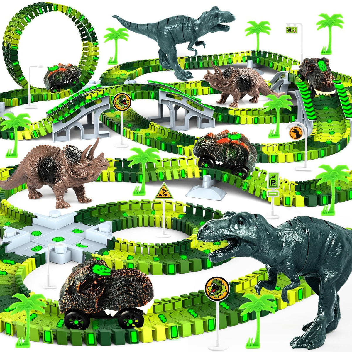 Desuccus dinosaur train track glow set for night-time play and creativity.