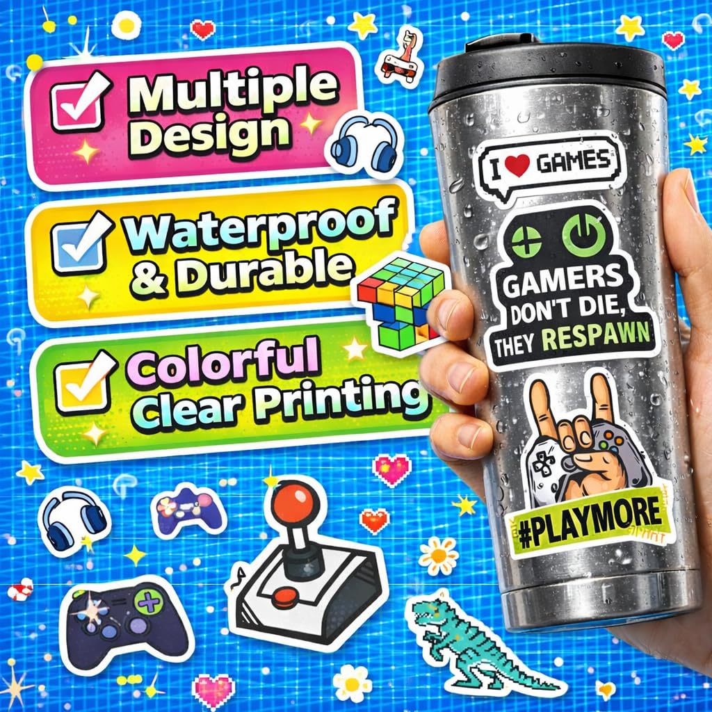 DETICKERS vinyl gamer stickers for laptops and bottles with durable, long-lasting color.