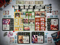 Devir Rock Hard 1977 dollar-bills as thematic currency for deals and production.