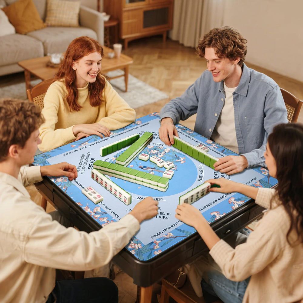 DEVPNR Mahjong Mat showing printed rules for quick game reference