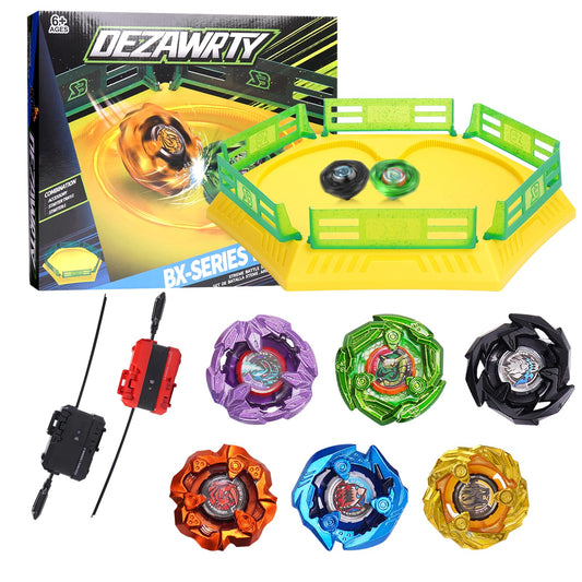 DEZAWRTY Gyro Stadium X Battle Set with 6 tops ready for fast-paced battles.
