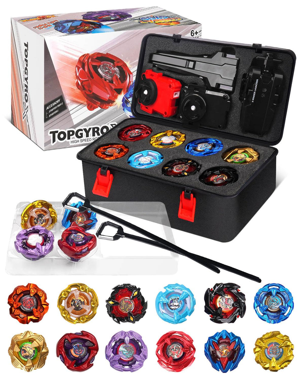 DEZAWRTY Gyro X Set contents display with 12 tops and launchers for beginners.
