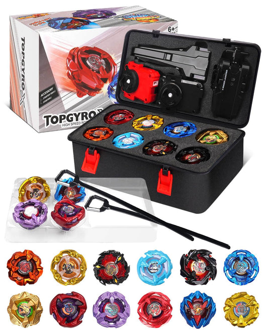 DEZAWRTY Gyro X Set contents display with 12 tops and launchers for beginners.