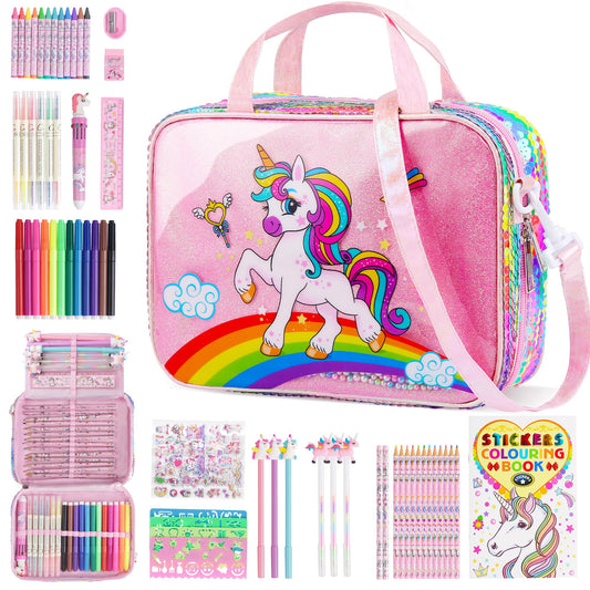 D-FantiX Unicorn art supplies in convertible bag for organized travel storage.