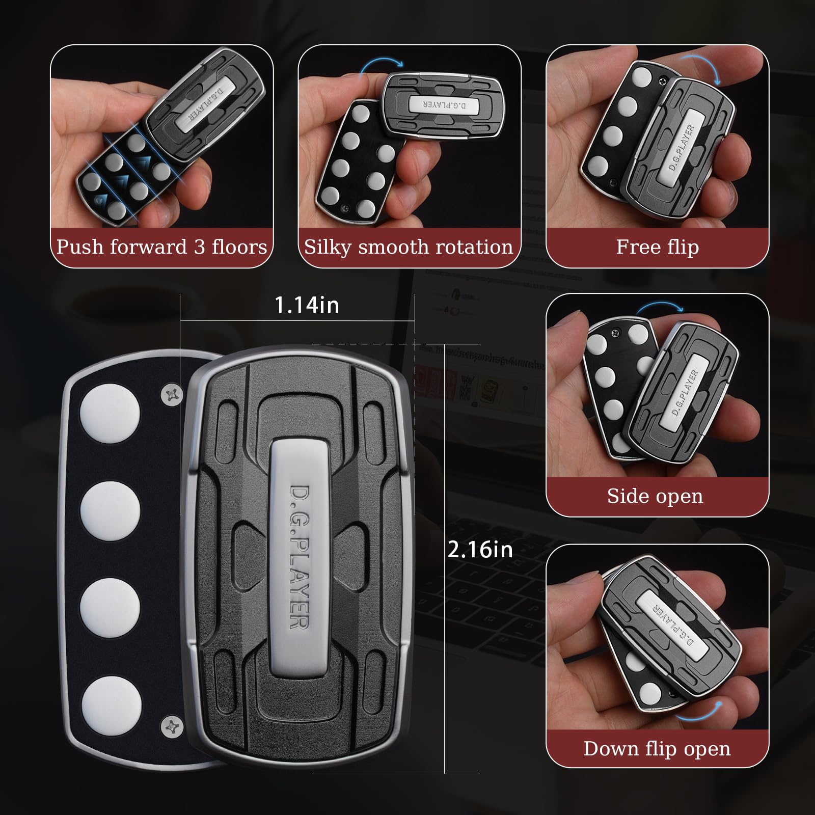 DGPLAYER fidget slider shows embedded sound blades for tactile-auditory feedback.