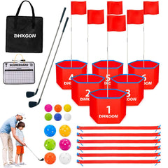 DHXGON Backyard Golf Game full set laid out for outdoor family fun.