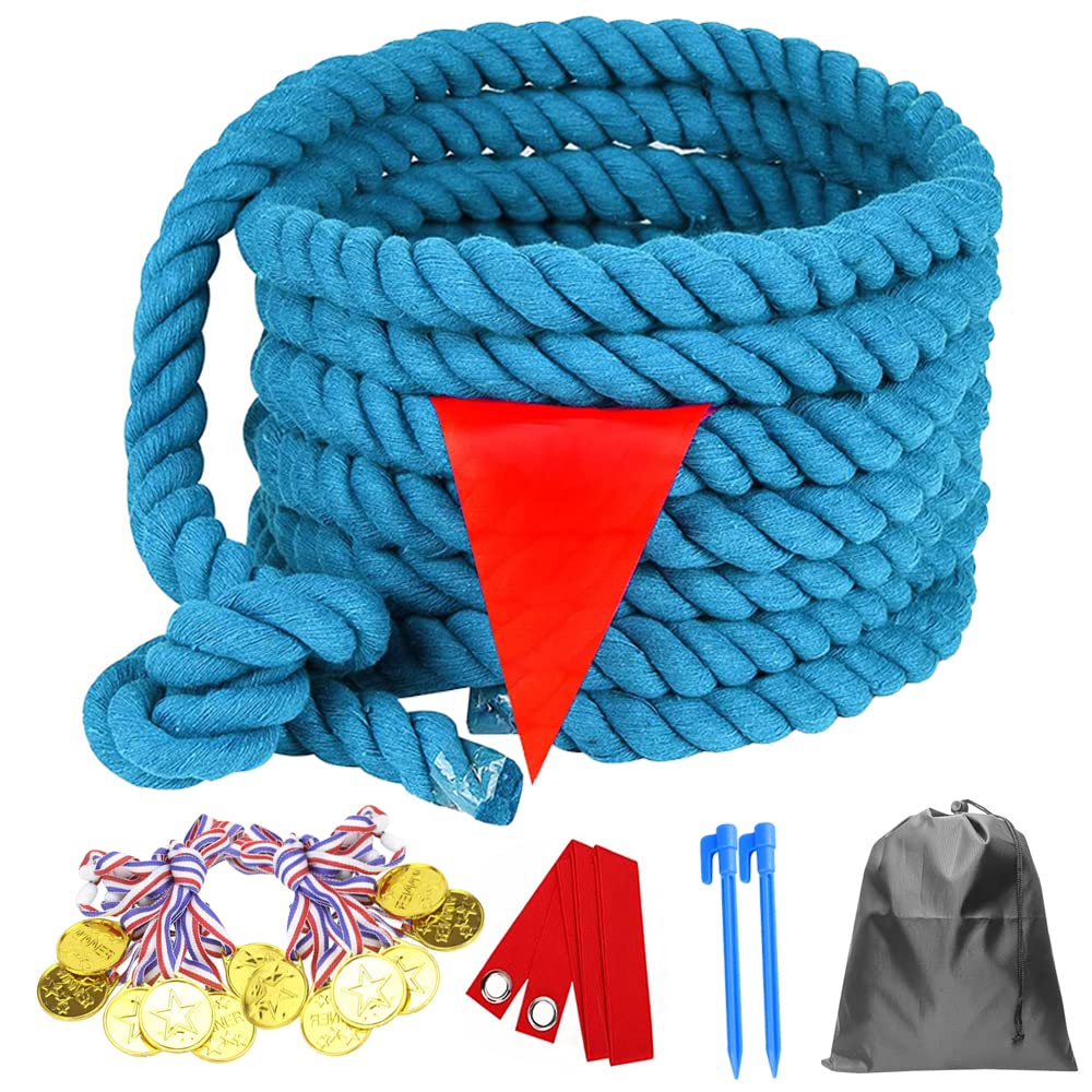 DHXGON tug of war rope spread on grass, ready for outdoor field games.