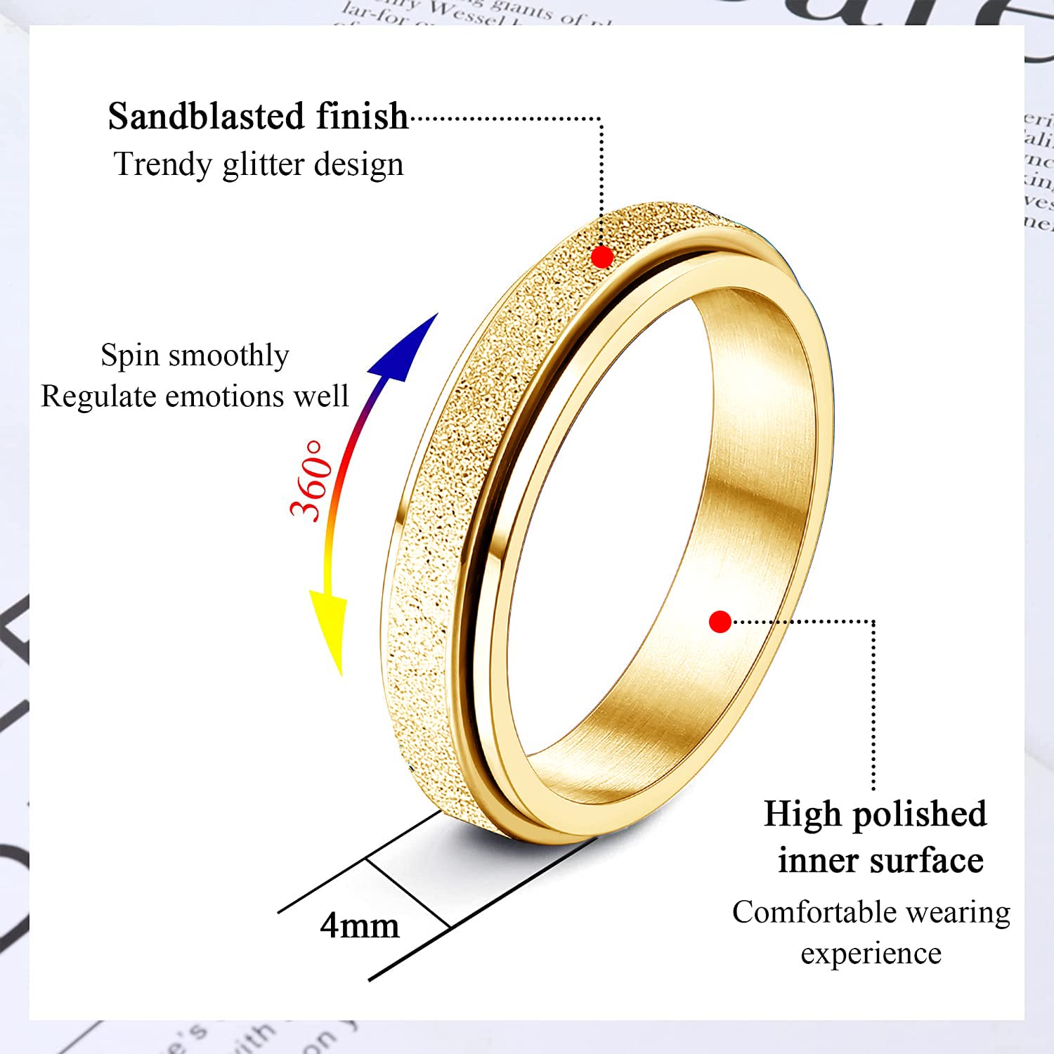 Diamday Gold Fidget Ring sandblast finish highlights premium texture and durability.