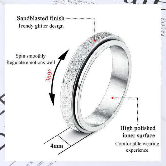 Diamday silver fidget ring sandblast side view showcases smooth, silent spinning.