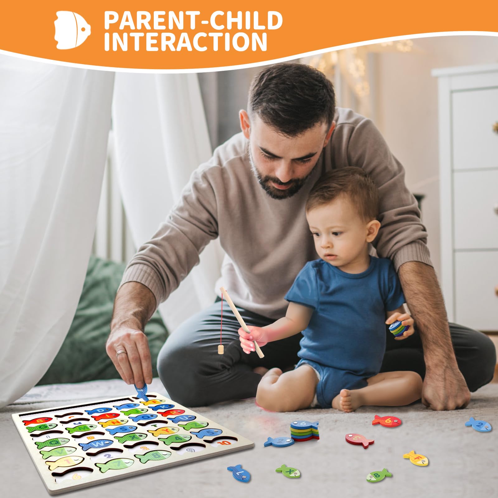Diaodey child enjoying the wooden fishing game supports independent and family play.