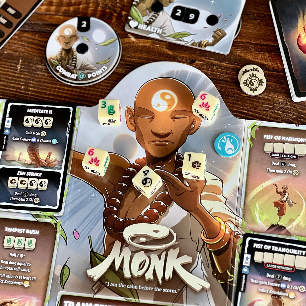 Dice Throne custom dice and cards enhance combat flair and strategy.