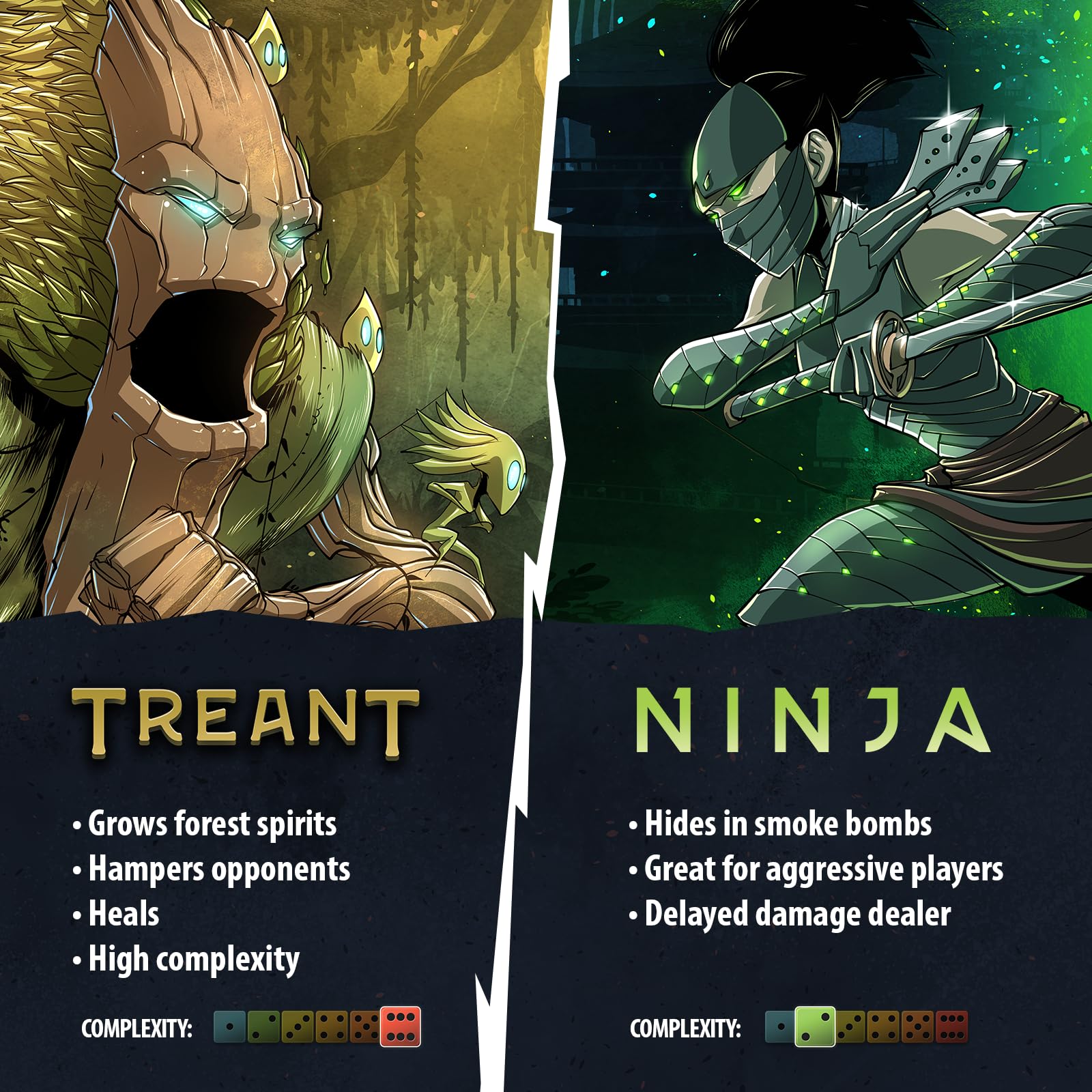Dice Throne Treant and Ninja miniatures with distinct styles ideal for immersive battles