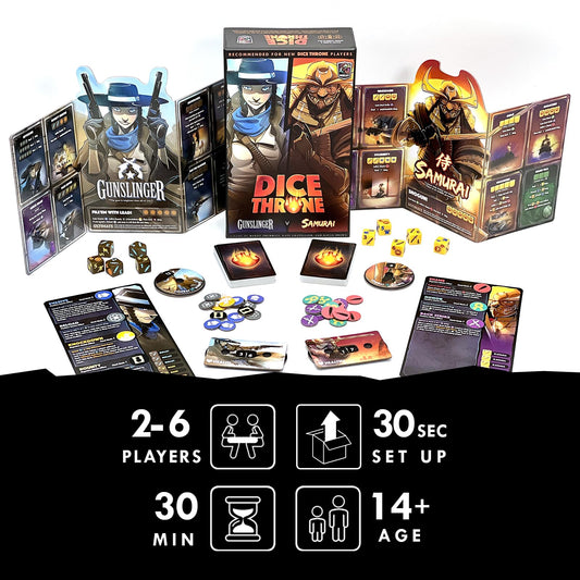 Dice Throne Samurai hero tray with tokens and cards, showcasing strategic combat options.