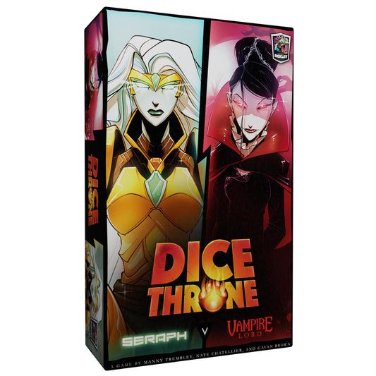 Dice Throne Seraph vs Vampire Lord hero trays and dice for fast setup.