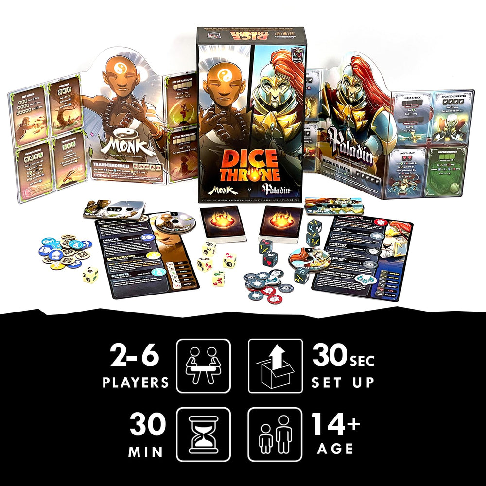 Dice Throne two-hero box trays organize dice and cards for quick access.
