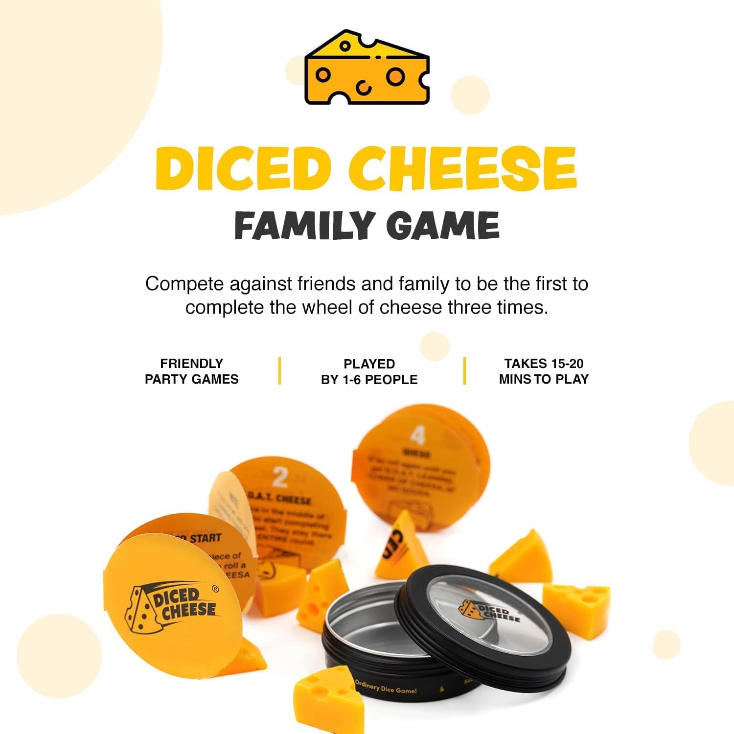 Diced Cheese instruction page shows quick setup and play flow.