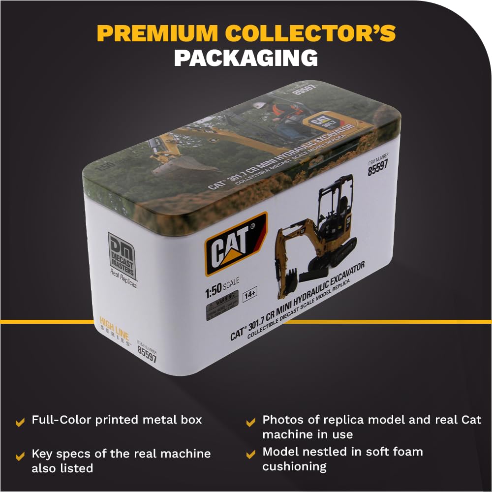 Diecast Masters CAT 301.7 CR auger tool offers authentic attachment options.