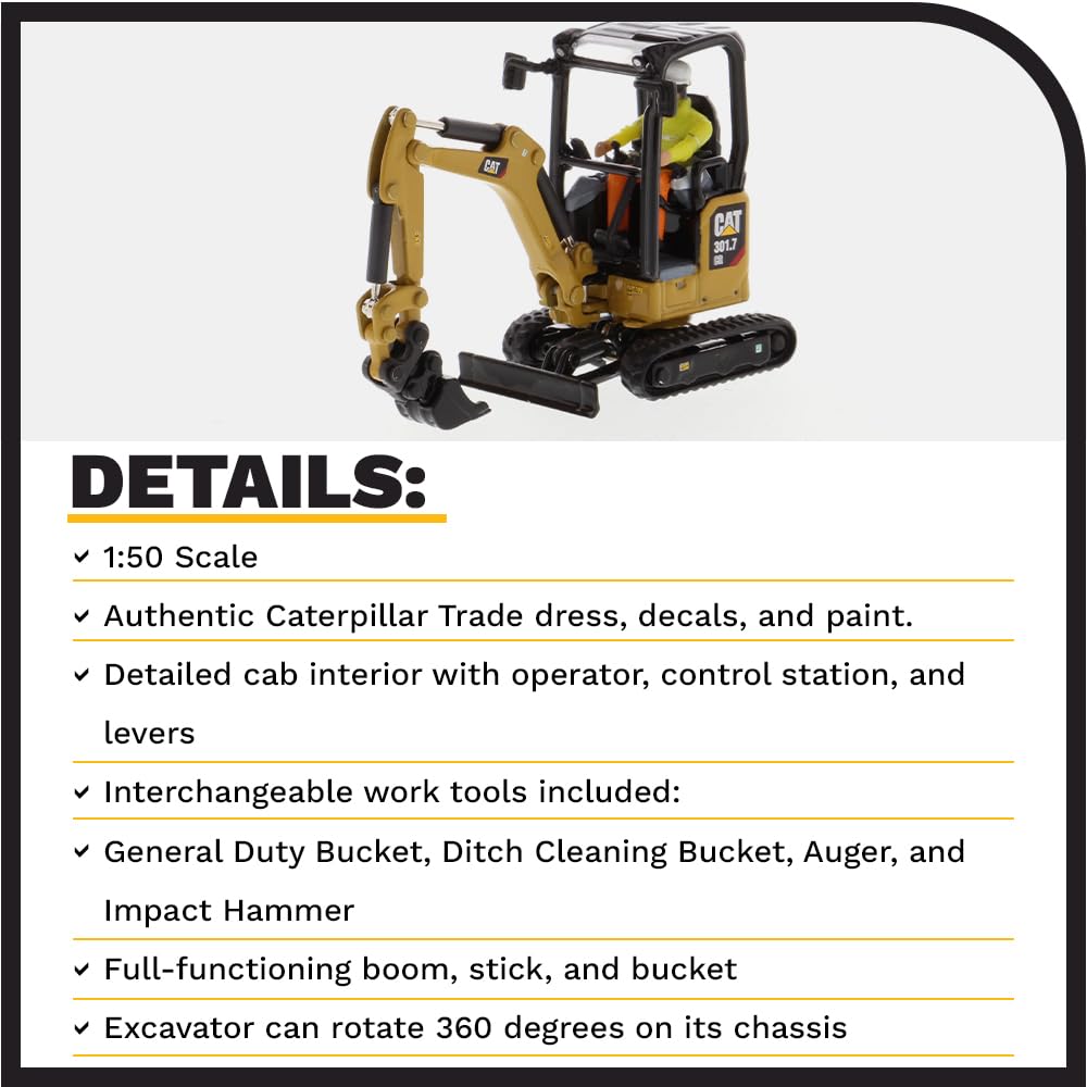 Diecast Masters CAT 301.7 CR general duty bucket supports varied display scenarios.