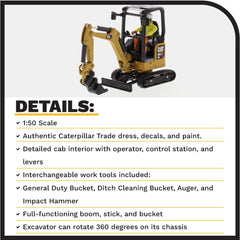 Diecast Masters CAT 301.7 CR general duty bucket supports varied display scenarios.
