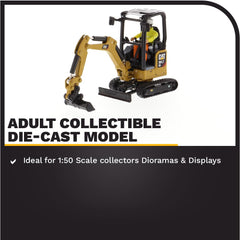 Diecast Masters CAT 301.7 CR movable boom and bucket enable versatile setups.