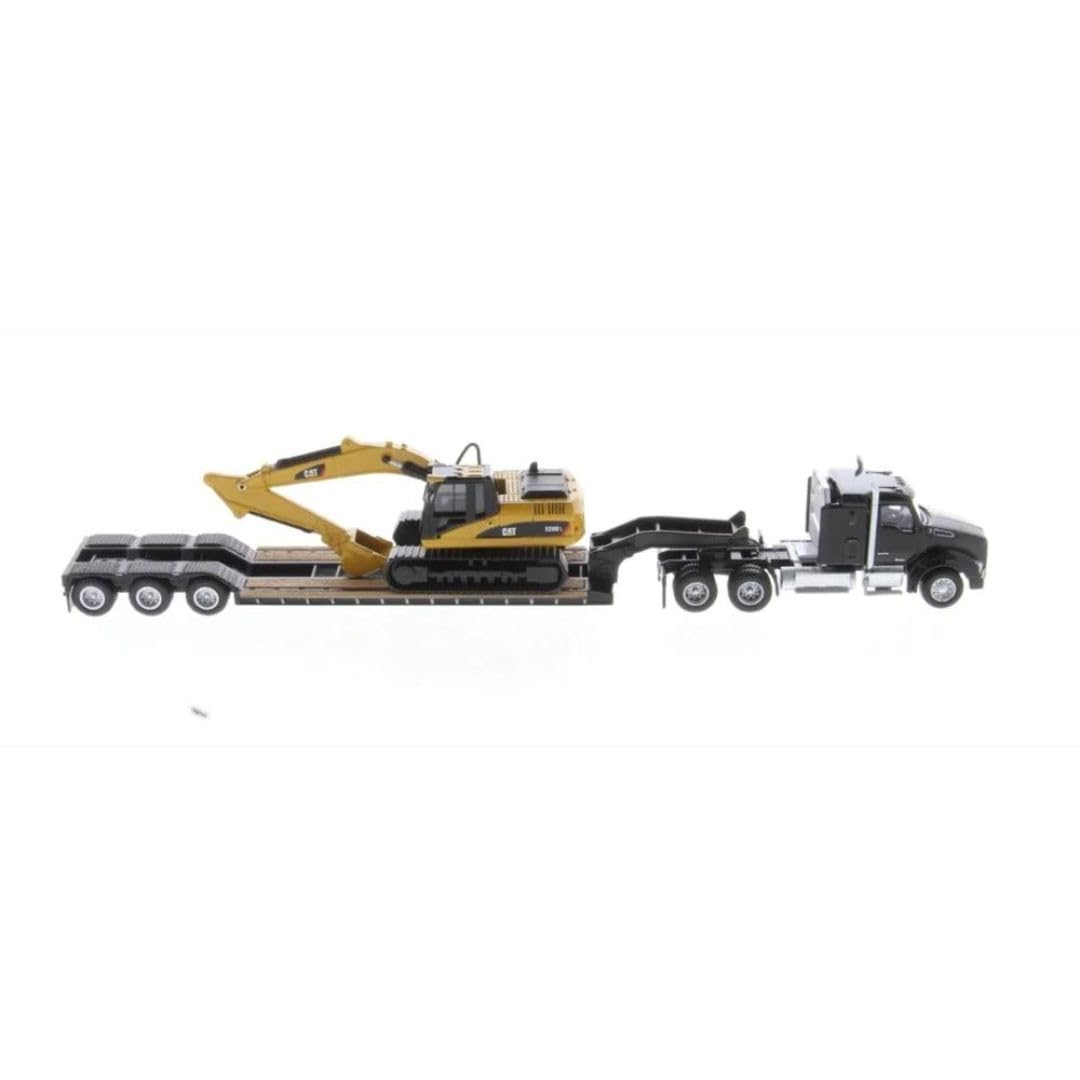 Diecast Masters Caterpillar 320D L excavator on the lowboy, great for detailed HO layouts.