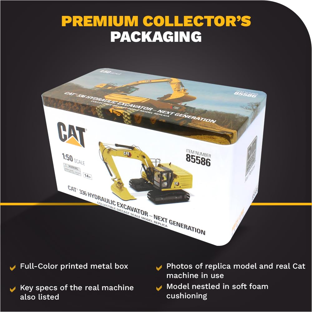 Diecast Masters Caterpillar 336 Next Gen excavator packaging box for display-ready presentation