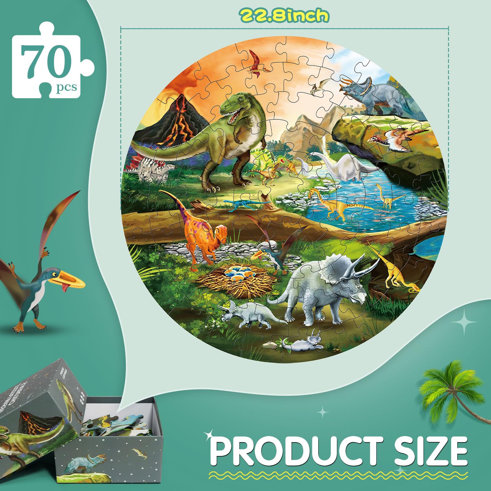 DIGOBAY 70-piece dinosaur puzzle with poster helps independent completion and visual learning.