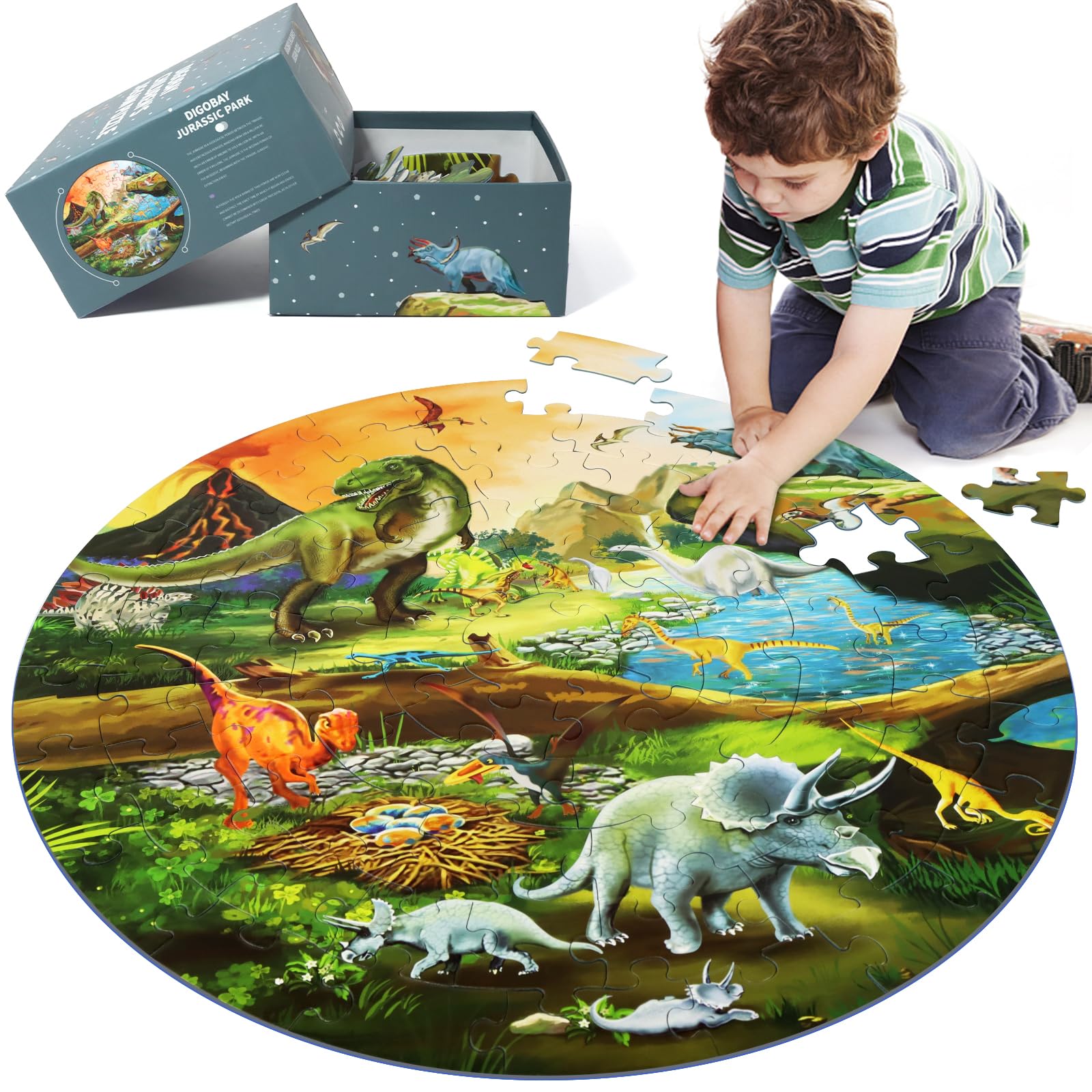 DIGOBAY dinosaur floor puzzle round 22.8 inches for collaborative play and focus.