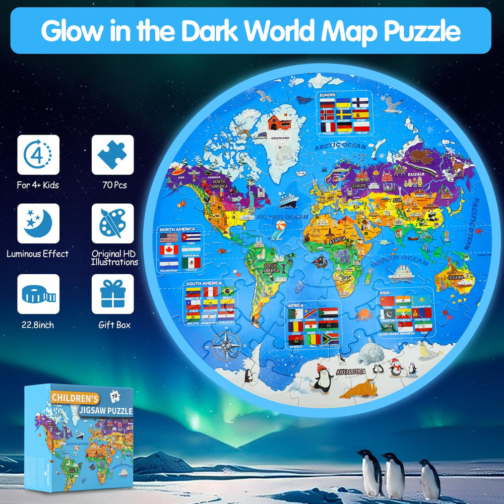 DIGOBAY Glow Map Puzzle night glow highlights continents for nighttime discovery.