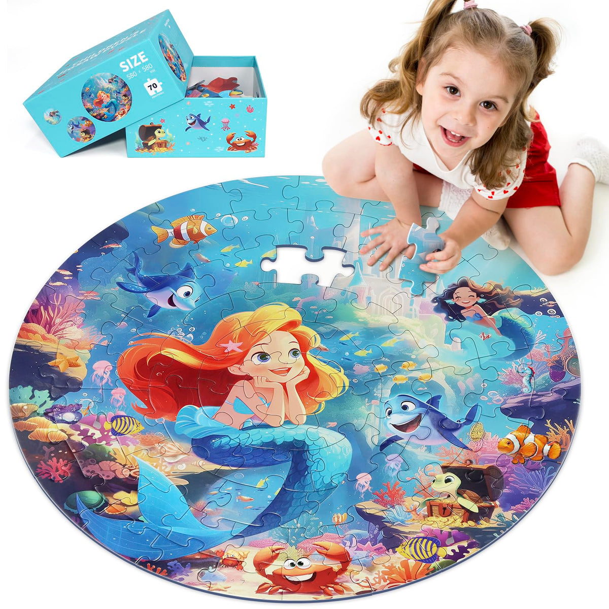 DIGOBAY mermaid puzzle box and poster, inviting 22.8-inch play area for easy assembly.