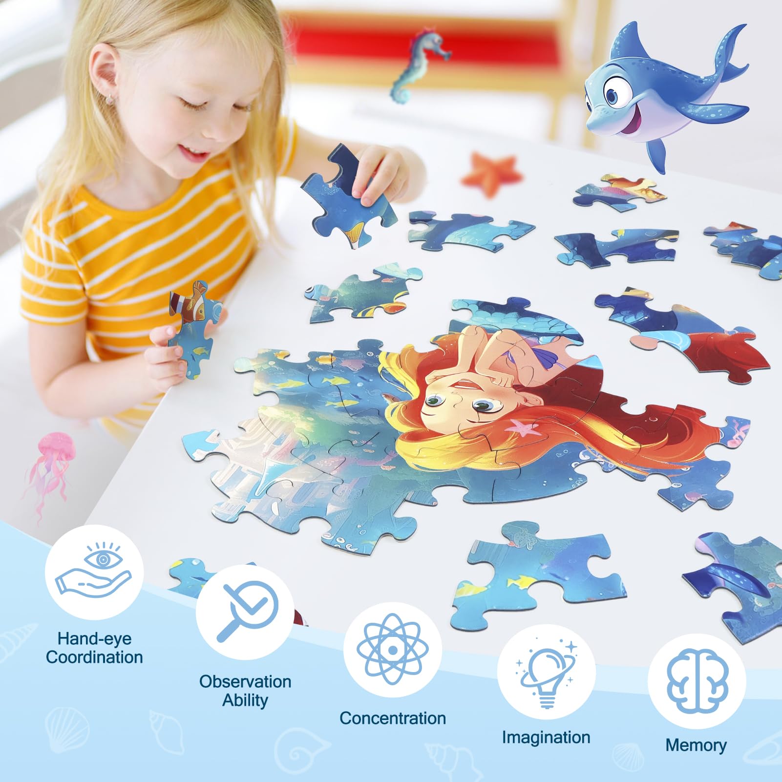 DIGOBAY mermaid floor puzzle, supports hand-eye coordination and problem solving.