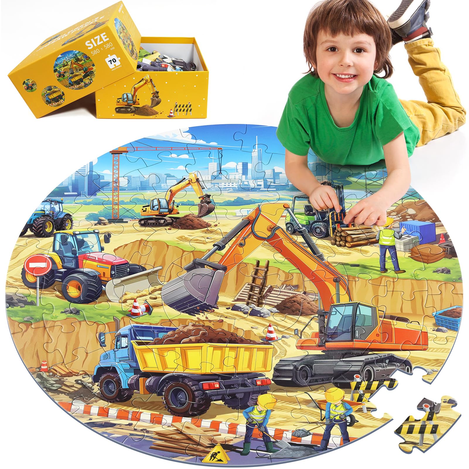 DIGOBAY round construction site floor puzzle for kids with immersive view and vivid colors