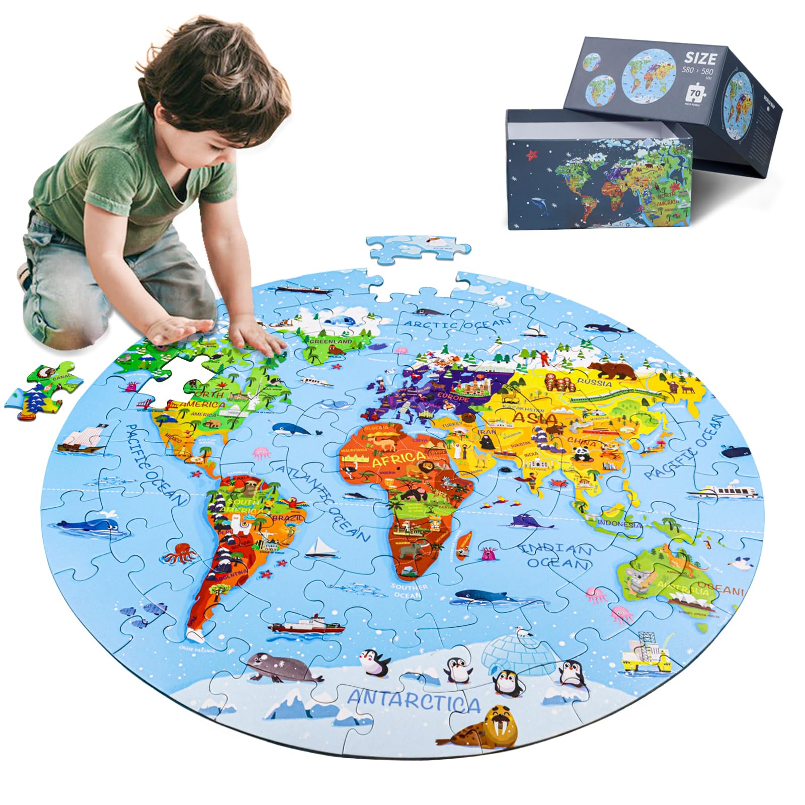 DIGOBAY world map puzzle round 70pc shown, durable pieces for easy handling and learning.