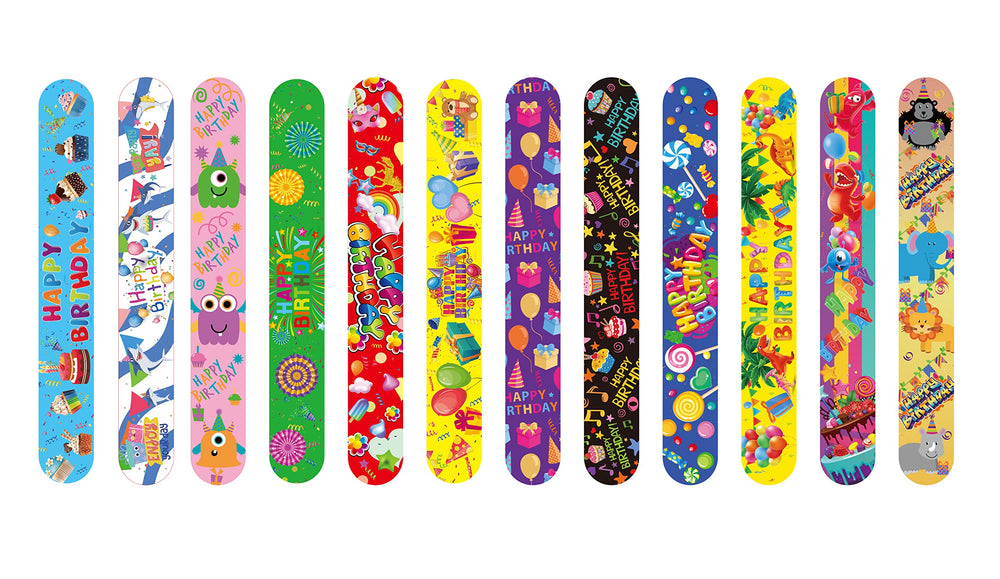 Dimiglobal shows twelve playful patterns on versatile slap bracelets for birthdays.