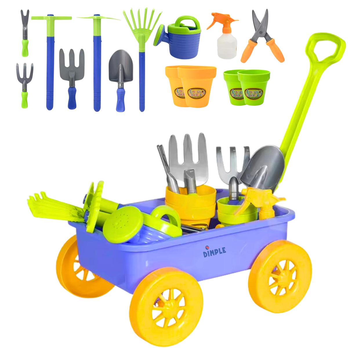 Dimple garden wagon tool set for toddlers with sturdy tools and safe rounded edges.