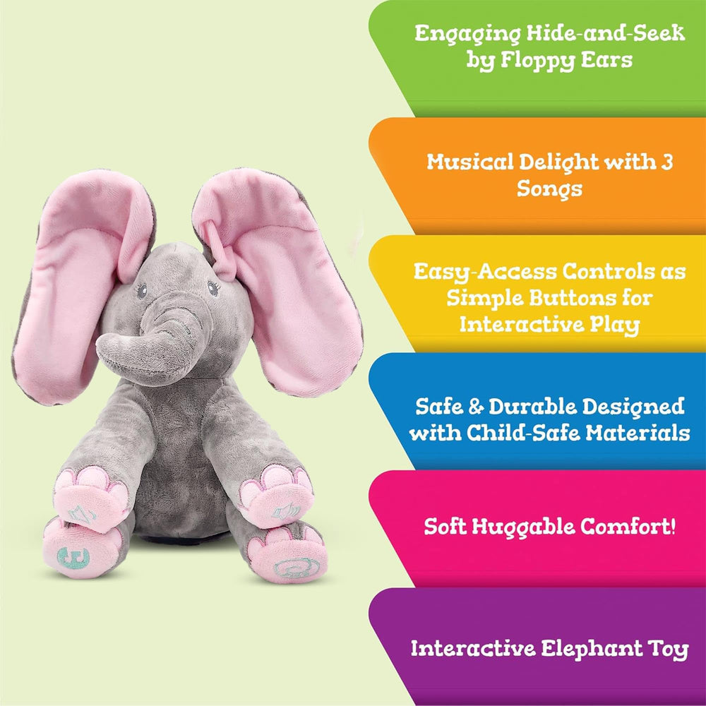 Bright Kaia elephant engaging babies with interactive play.