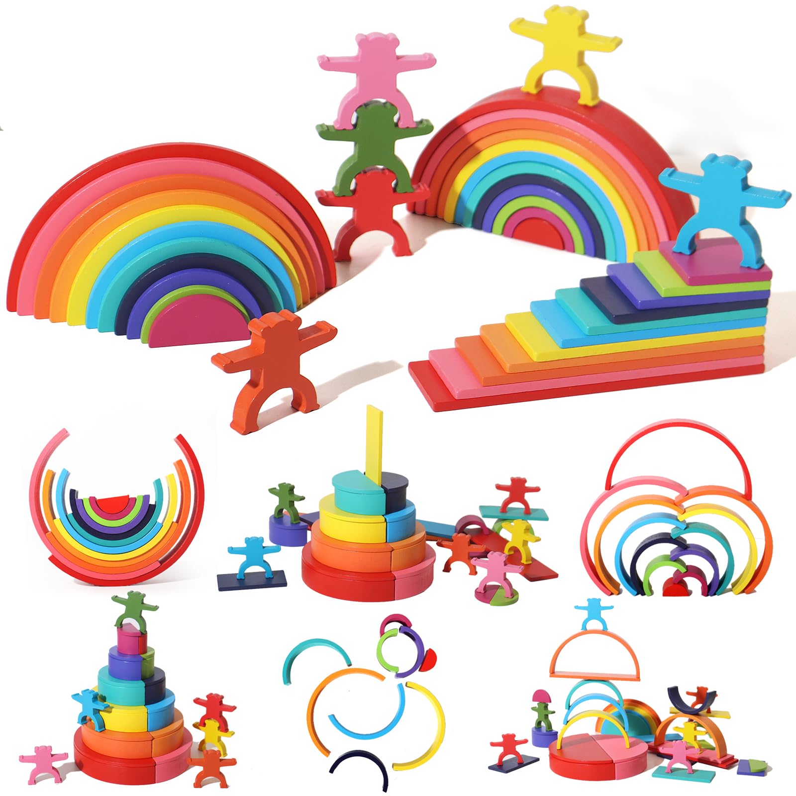 Dinhon rainbow semi-circular blocks enhance color recognition during stacking.