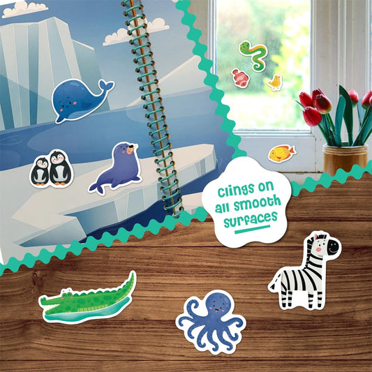 Dino Mini Stick4Ever jelly stickers on a window demonstrate strong cling and easy cleanup