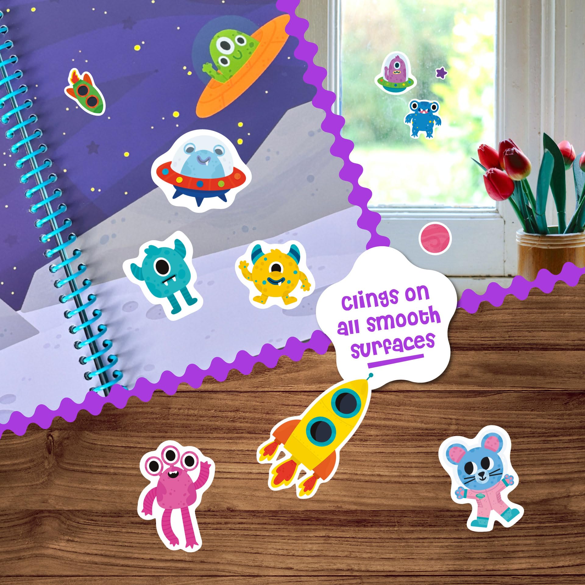 DINO MINI Stick4Ever waterproof stickers being wiped clean after mess-free play.