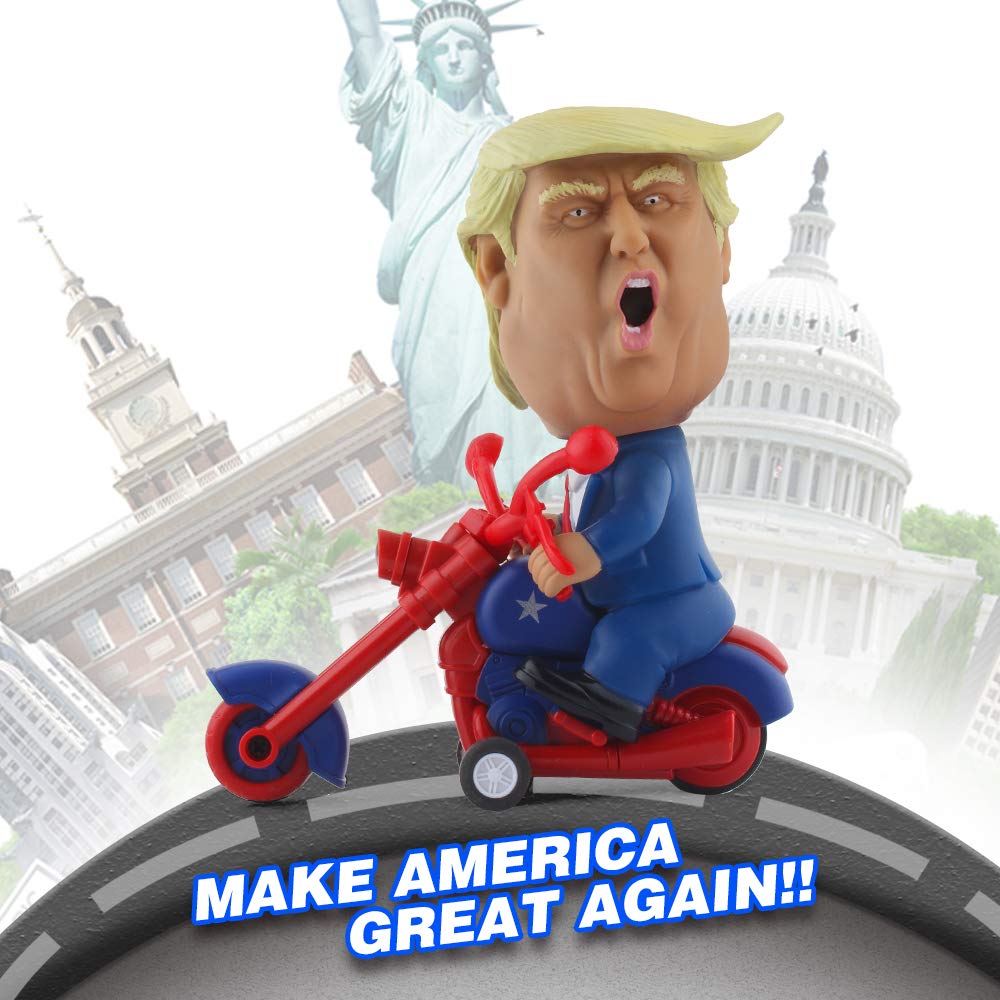 DINOBROS big-head Trump on motorcycle makes a bold novelty gift.